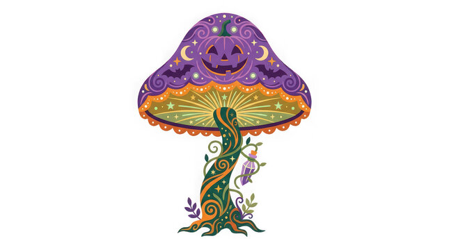 Fantasy decorative mushroom with pumpkin face and magic potion bottle illustration for halloween art.
