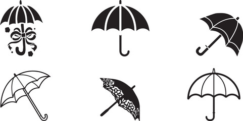 Vintage umbrella silhouette icons, set of 6 decorative parasol vector graphics, black and white rain protection symbols for weather apps and fashion design © Sania