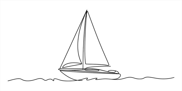 Continuous single line drawing of a simple sailboat sailing on the ocean waves representing travel adventure and summer vacation leisure activity