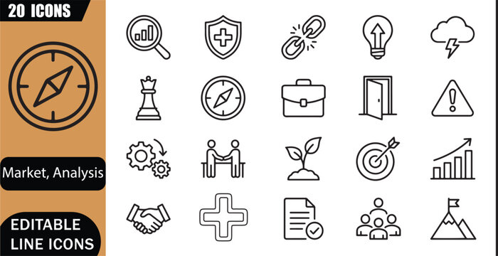 SWOT analysis icons set, 20 editable line art icons set, strategy, planning, business, opportunity, risk management, consulting, business growth, SWOT planning theme style, clean outline vector