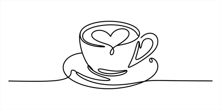 Continuous single line drawing of a coffee cup with a heart shape in the foam for a simple cafe logo or minimalist romantic morning coffee beverage art
