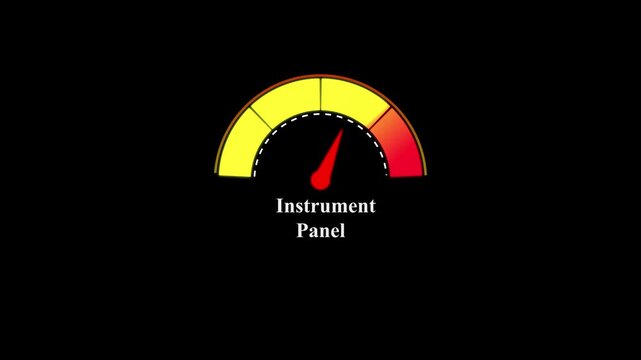Graphical instrument panel with a red needle pointing to a yellow and red scale on a dark background for measuring performance and speed levels