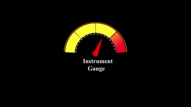 Graphical instrument gauge with a red needle pointing to a yellow and red scale on a dark background for measuring performance and speed levels