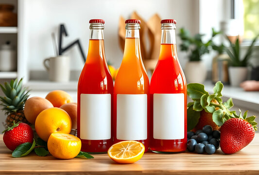 Three glass bottles of fruit juice with blank labels surrounded by fresh fruits on a wooden kitchen counter