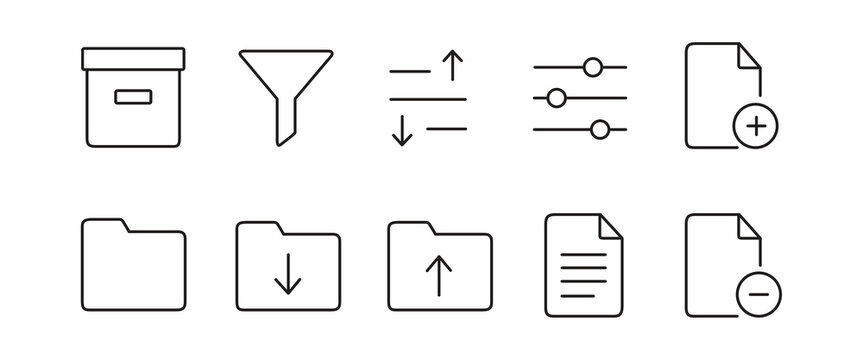 Collection Of Line Icons Representing Filtering Sorting And File Management On A White Background sort files folders
