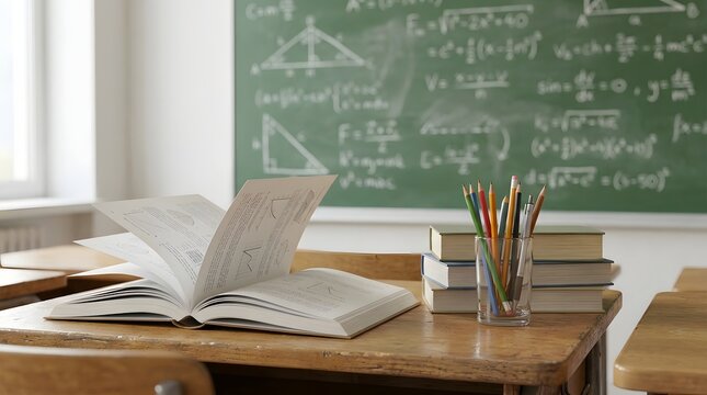 Open textbook on a wooden desk in a classroom with a green chalkboard filled with math formulas