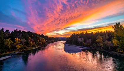 Vibrant Sunset Over a Serene River Reflecting Fiery Skies and Lush Forests. © Palas