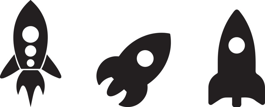 Minimalist rocket ship icons set, black space shuttle vector silhouettes, simple spacecraft launch symbols for startup business and technology