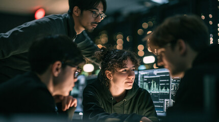 Fototapeta premium Diverse team of programmers collaborating in futuristic office workshop analyzing data on computer screens with cybersecurity monitoring