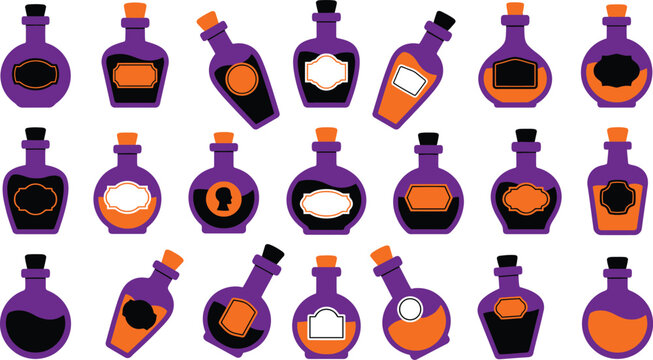 Happy Halloween Set of colorful illustrated potion bottles with different liquid and label designs Vector