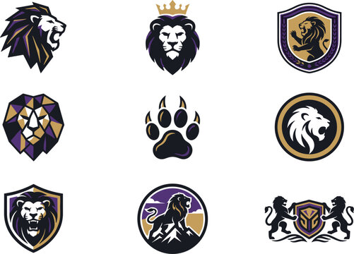 Lion Logo and Heraldic Emblem Vector Set with Lion Head, Royal Crest, Shield Badge, Paw Print, Coat of Arms, Mascot, and Premium Branding Collection