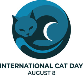 Fototapeta premium A minimalist circular illustration of a sleeping cat curled up under a crescent moon for the celebration of international cat day event