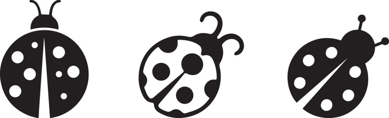 Minimalist ladybug vector icons, black and white ladybird beetle silhouettes, set of 3 spotted insect graphics for nature branding © Sania