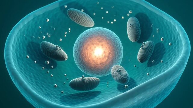 3D Animation of Mitochondria Floating Inside a Biological Eukaryotic Cell.