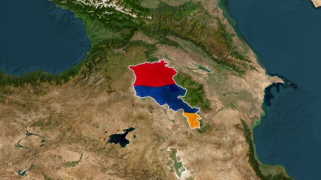 Armenia country map zoom-in animation with national flag colors overlay on satellite terrain view motion graphics animation 