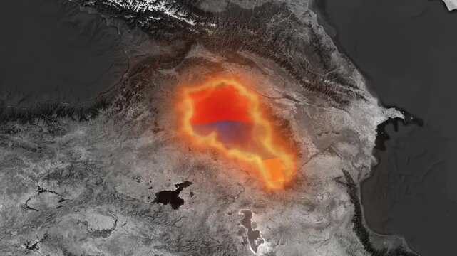 Armenia map overlay with glowing border effect on satellite terrain background, for geopolitics