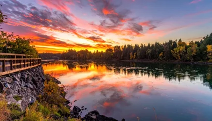 Vibrant Sunset Reflecting on Serene Lake with Wooden Boardwalk. © Palas