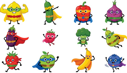 Naklejka premium Superhero fruit and vegetable cartoon characters set with funny cute healthy food mascots wearing capes vector collection