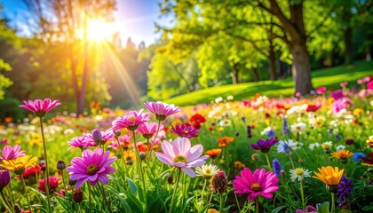 Obraz premium Vibrant Spring Meadow Bursting with Colorful Wildflowers Under Golden Sunlight.