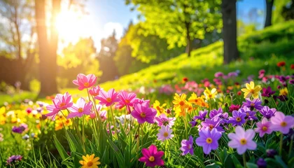 Vibrant Spring Meadow Bursting with Colorful Flowers Under Golden Sunlight. © Palas