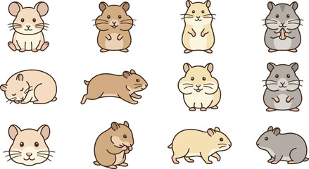 Fototapeta premium Set of twelve adorable hamster illustrations featuring different breeds and poses for creative design projects