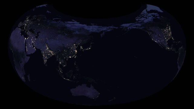 Armadillo world map projection with night lights texture. Dark global view, digital earth, animated night illumination. Elements of this animation derived from NASA imagery.