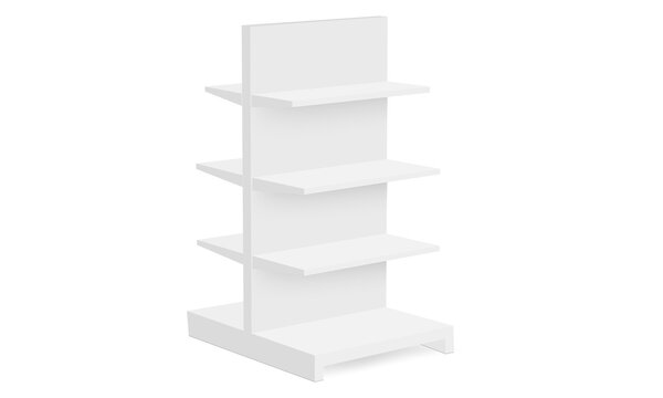 Blank retail display rack with shelves, mockup for branding, merchandising and store advertising