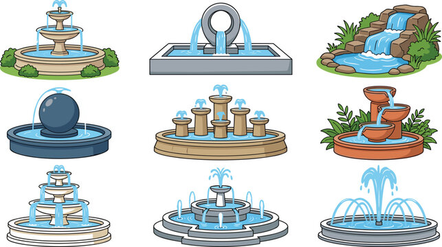 Water fountain vector cartoon illustration set featuring park fountains tiered stone basins backyard waterfalls and garden architecture elements collection