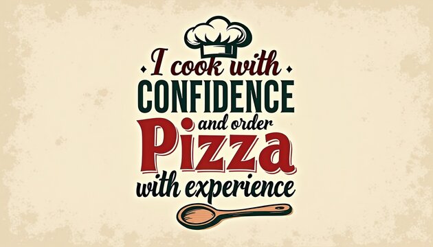 Confident Pizza Cooking Quote with Wheat and Wooden Spoon Illustration