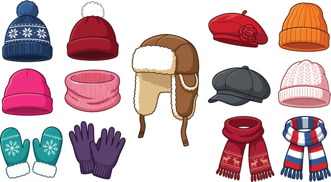 Winter clothing accessories vector illustration set with knit beanies warm scarves mittens gloves beret and ushanka trapper hat