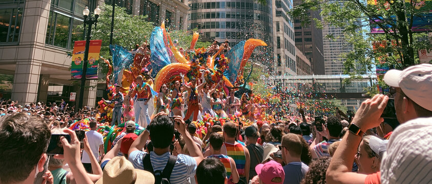 Colorful LGBTQ+ Pride parade festival in city street with crowd, rainbow flags waving and joyful community support