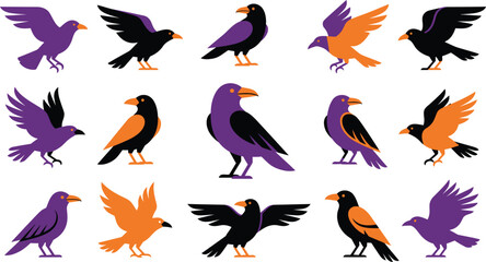 Fototapeta premium Happy Halloween Colorful cartoon crows and ravens in various dynamic poses Vector