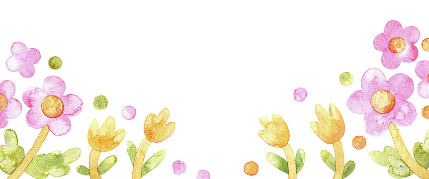 Pastel floral border composition. Hand drawn watercolor flowers arranged along edge. Cute spring design for cards, banners, and invitations. Soft texture, airy space. Cozy illustration.