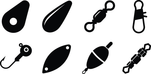 Fishing Tackle Silhouette Set with Sinkers Swivels Hooks Floats and Snap Connectors Vector © Vector Universe