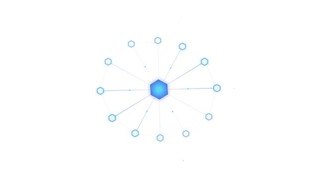 Abstract technological network diagram featuring a central blue glowing hexagon connected to twelve peripheral hexagonal nodes by thin lines on a clean white background.