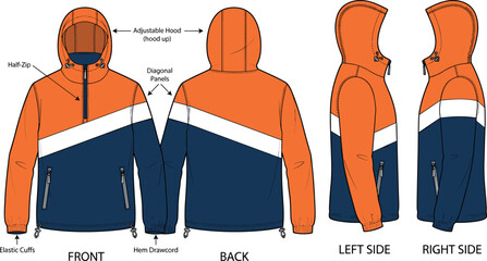 Men Half Zip Hooded Anorak Jacket Technical Flat Sketch Vector Template Front Back Side View © MdAminur