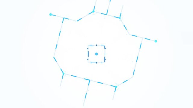 Minimalist blue digital HUD graphic on white background with dashed lines, connecting nodes, and central square target for high-tech schematic or architectural visualization.