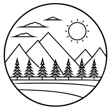 Minimal 2027 line art vector of layered mountains with a rising sun, smooth curved horizon, elegant pine trees, clean contour lines, modern geometric circle frame, organized vector layers, crisp 