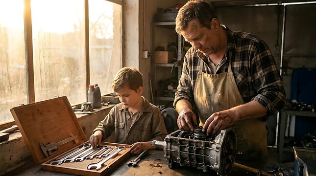 Father and son repairing car engine in rustic workshop.