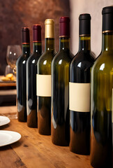 Obraz premium Row of wine bottles with blank labels on a rustic wooden table, ready for branding and tasting events