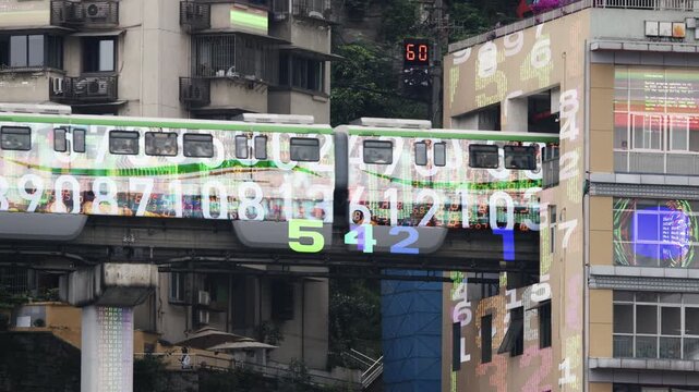 train enters liziba station inside a building on bridge in Chongqing china