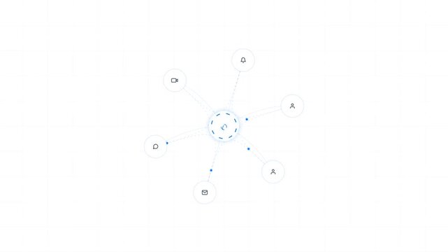 Minimalist vector graphic of a central communication hub node connected to peripheral digital icons for email, notifications, profiles, chat, and video camera on a white grid background.