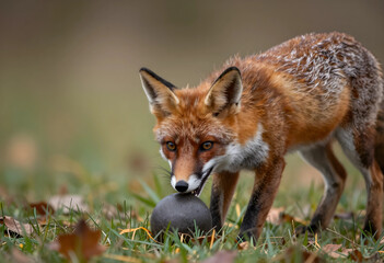 Fototapeta premium Wild red fox with orange fur and white chest sniffing a dark round object on green grass with autumn leaves, the scene includes scattered autumn leaves, the natural environment