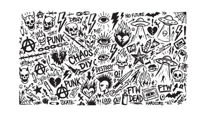 Seamless Punk Rock Doodle Pattern with Skulls, Lightning, UFOs, and Various Rebellious Elements © MDRAKIB