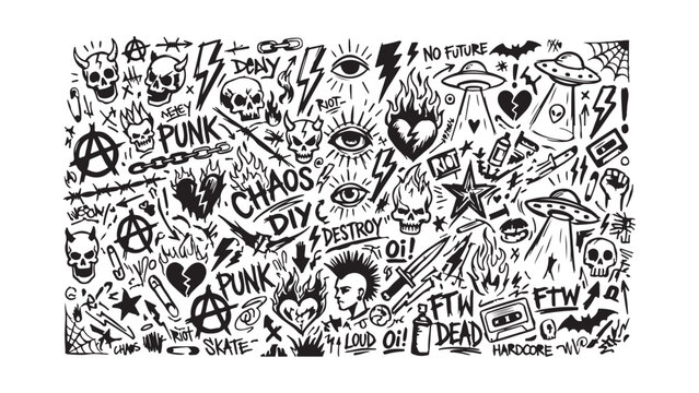 Seamless Punk Rock Doodle Pattern with Skulls, Lightning, UFOs, and Various Rebellious Elements