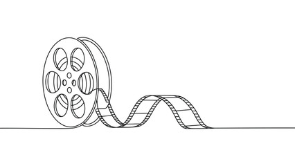  Minimalist continuous line art illustration of film reel with strip extending outward, symbolizing cinema, filmmaking, storytelling, motion pictures, entertainment, and artistic simplicity in modern  © VectorCraze