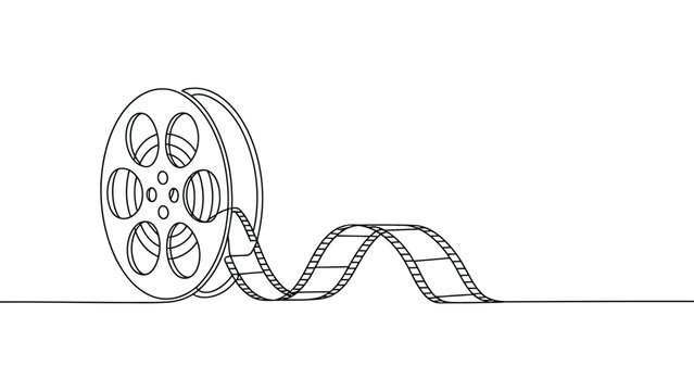  Minimalist continuous line art illustration of film reel with strip extending outward, symbolizing cinema, filmmaking, storytelling, motion pictures, entertainment, and artistic simplicity in modern 