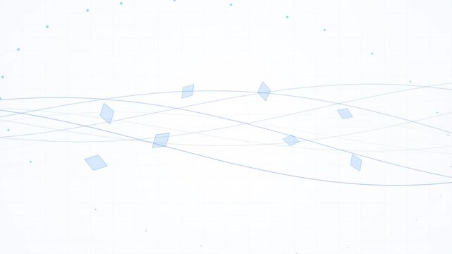 Abstract light blue digital technology background featuring flowing curved lines, translucent rhombus shapes, subtle grid pattern, and floating data particle dots on a white surface.