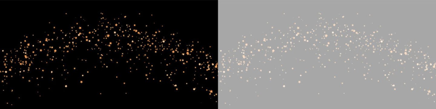 Golden star confetti sprinkle with sparkling effect on transparent and dark backgrounds on transparent background