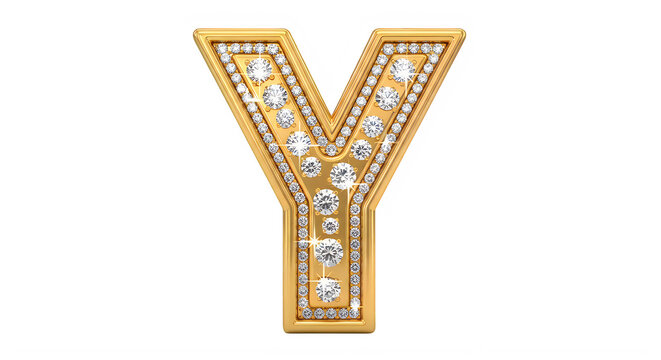Glossy gold letter Y adorned with sparkling clear gemstones isolated design transparent background